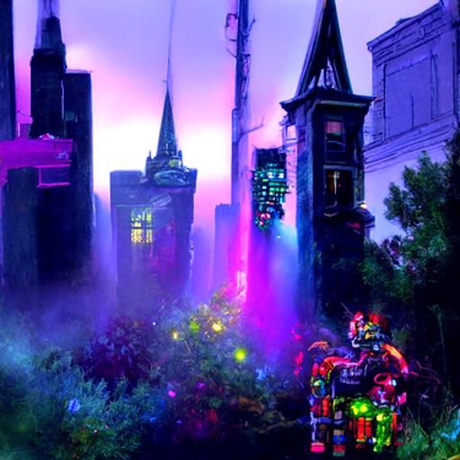 Outlaw Cyborg Falls in Neon Cityscape