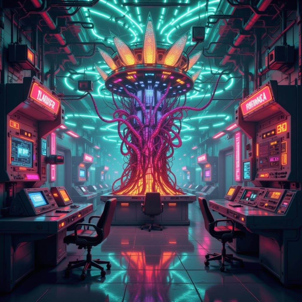 Bioluminescent Biomechanical Organism in Neon Lab