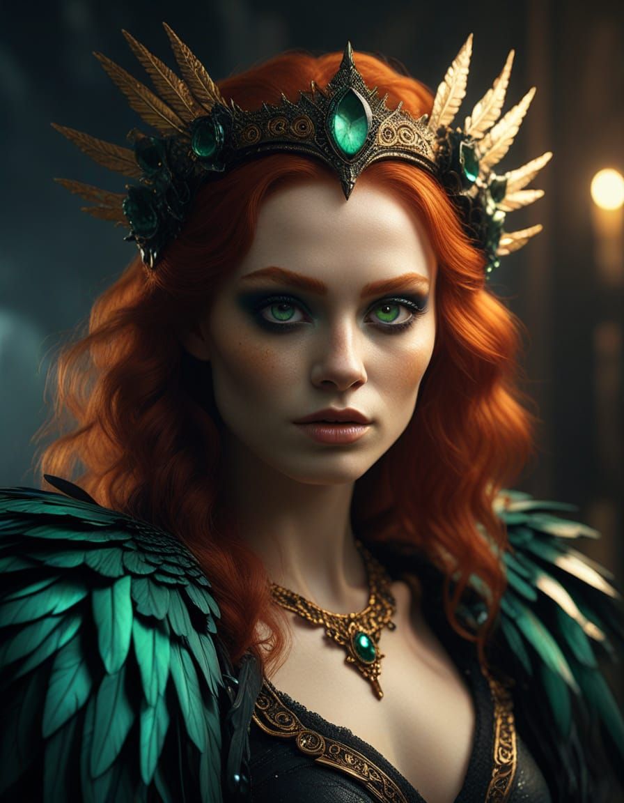 Gothic Harpy Queen with Glowing Eyes in Soft Golden Light