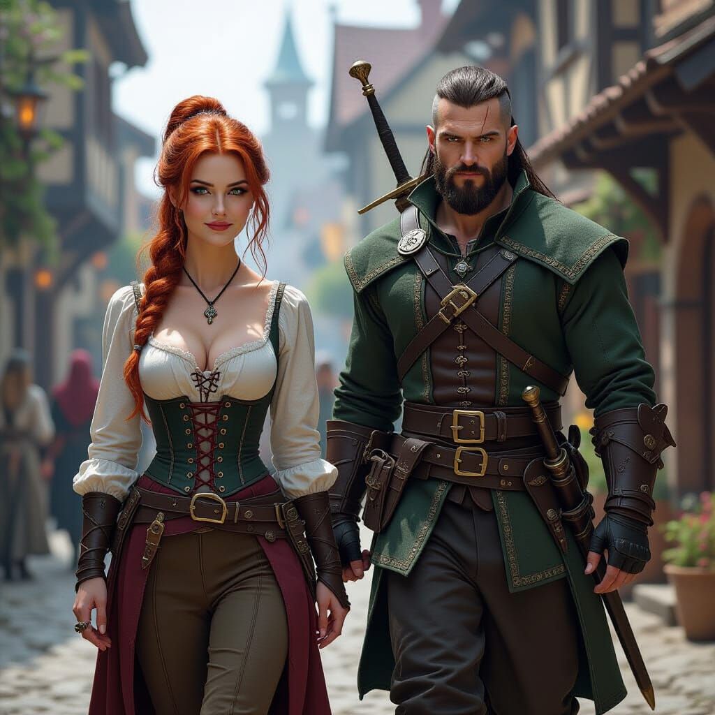 Sorceress and Witcher Stroll Through Medieval Town