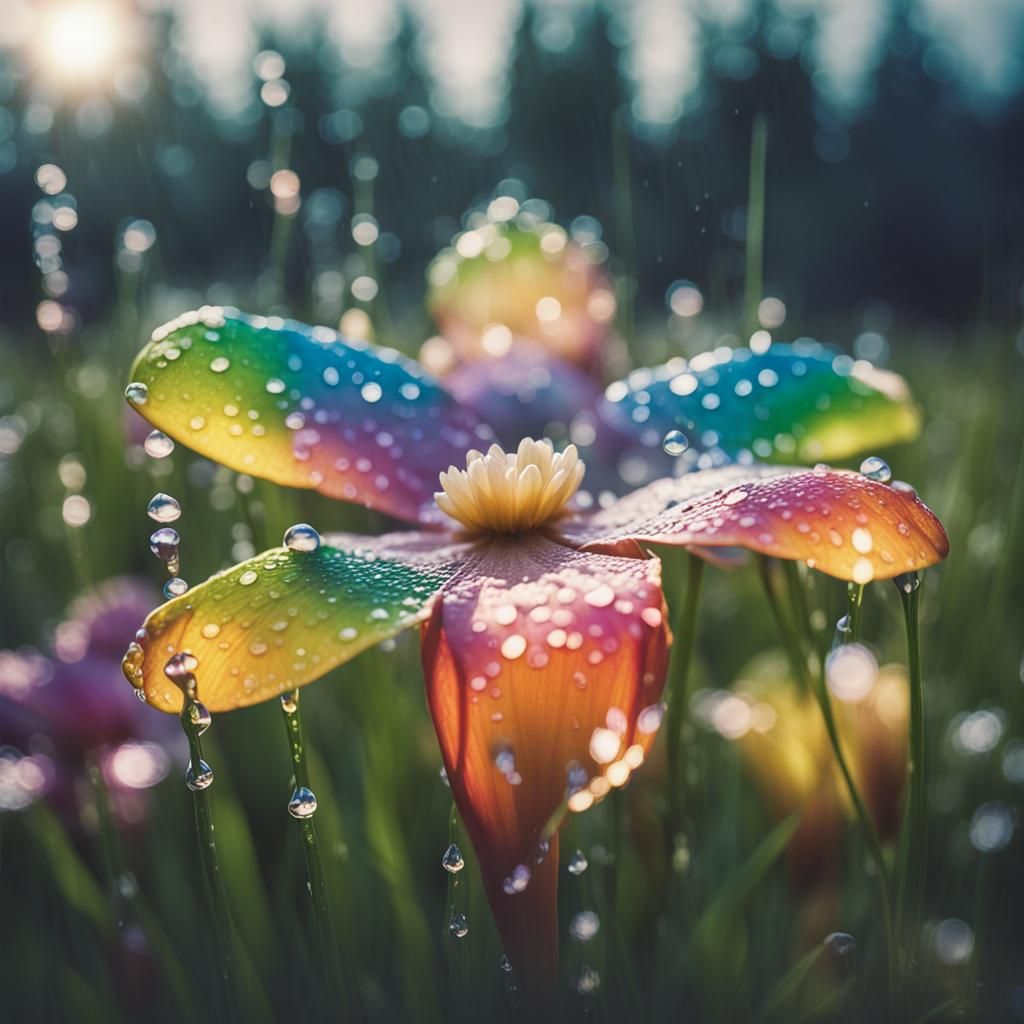 Rainbow Reflections on a Transparent Rain Flower
