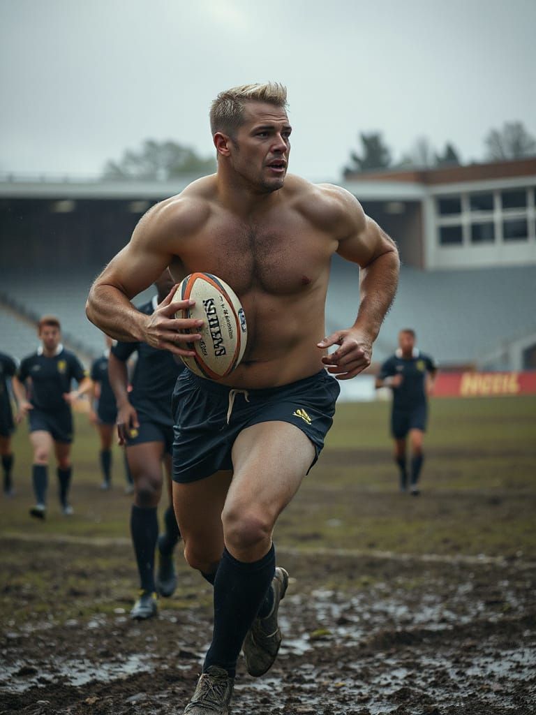 Muscular Rugby Player Runs in Muddy Field