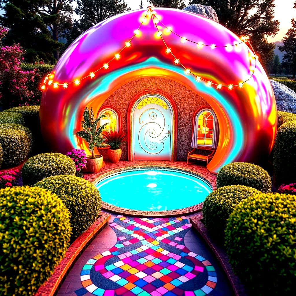 Whimsical Donut House with Vibrant Garden and Pool