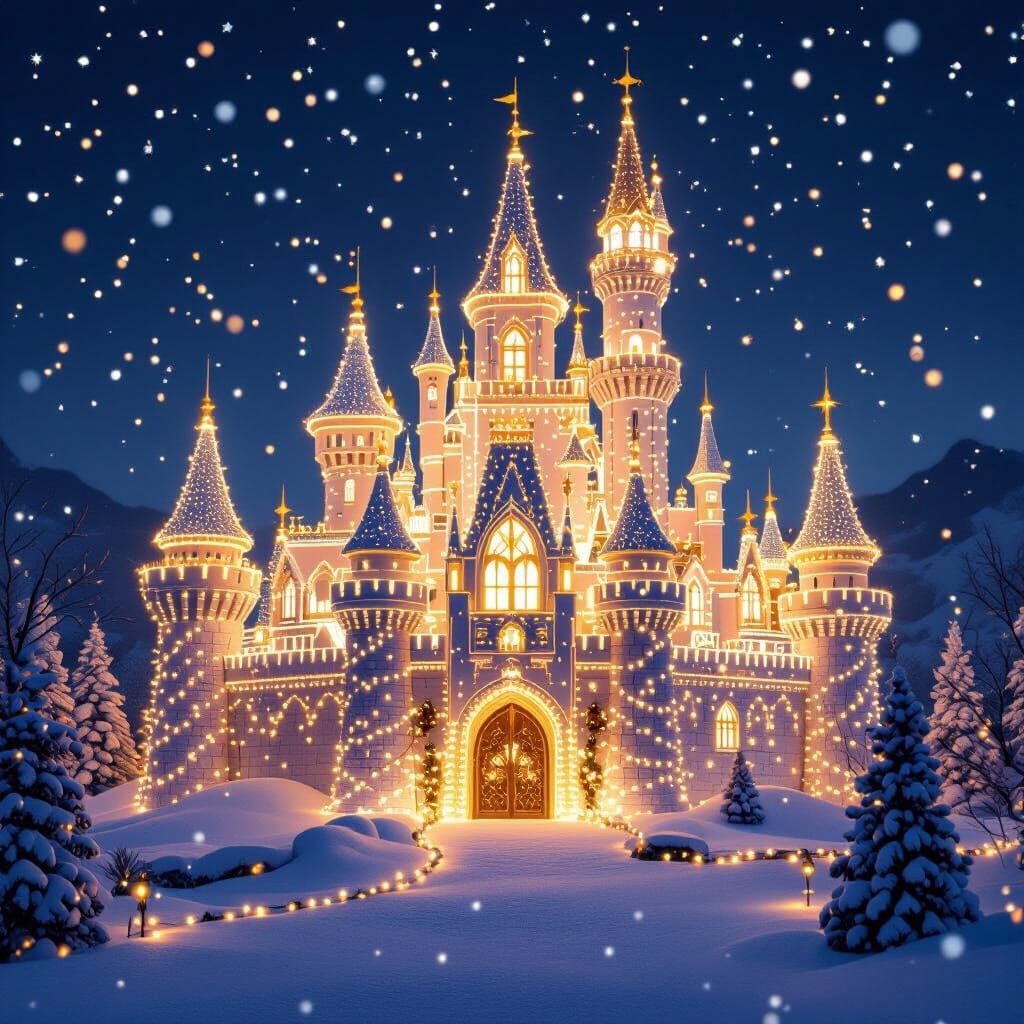 Majestic Castle of Glowing Christmas Lights in Snowy Landsca...