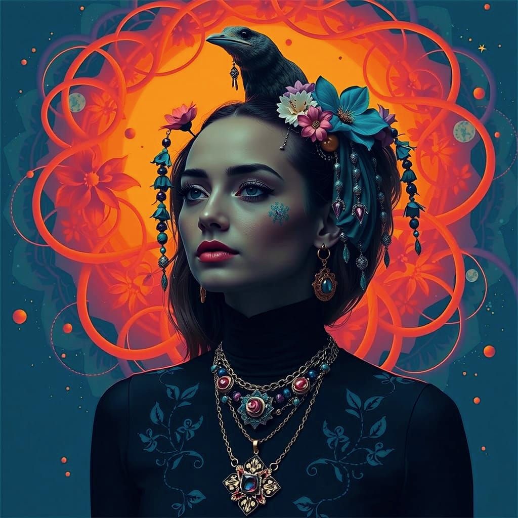 Psychedelic Garden Dreamscape with Cosmic Mystery