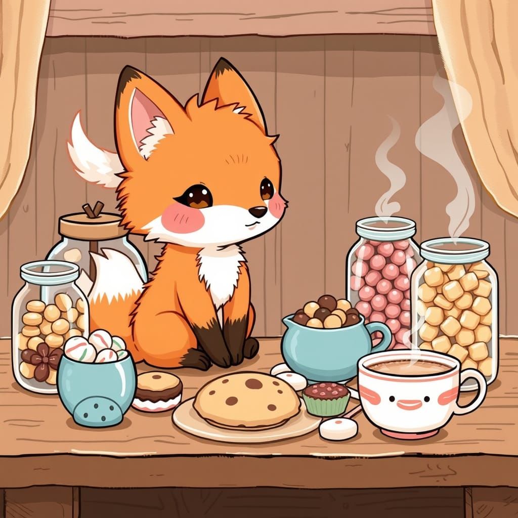 Chibi Fox Bakes Sweet Treats in Whimsical Hand-Drawn Style