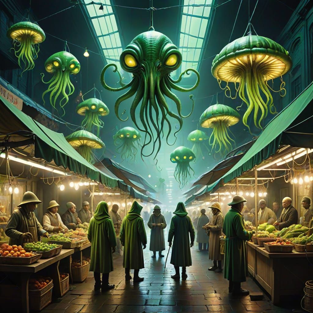 Surreal Alien Market Scene with Green Merchants