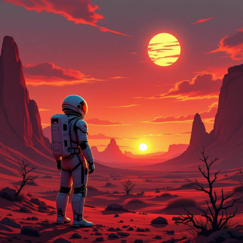 Astronaut on Crimson Planet Gazing at Binary Sunset