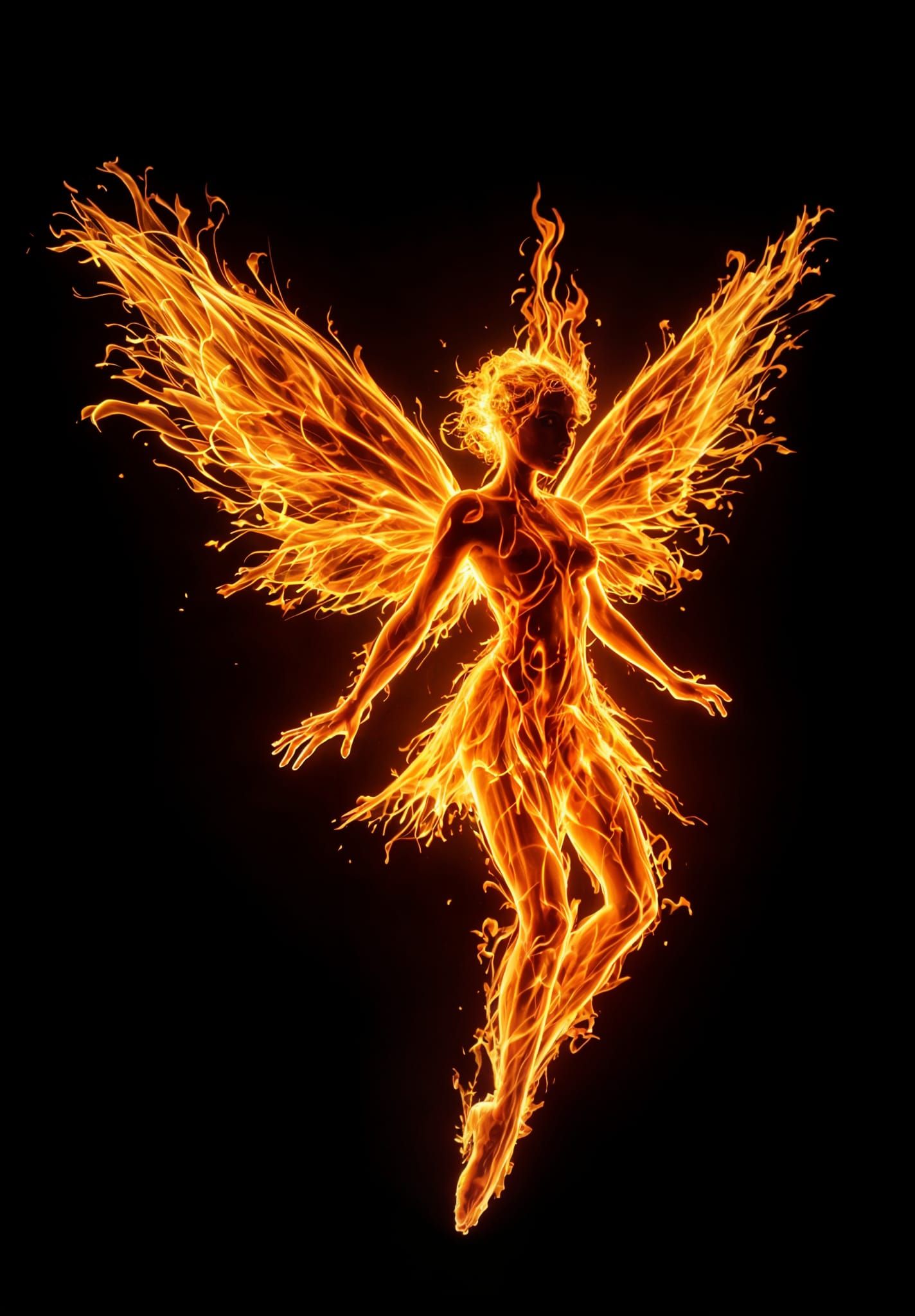 Silhouette of a Fiery Fairy in Darkness