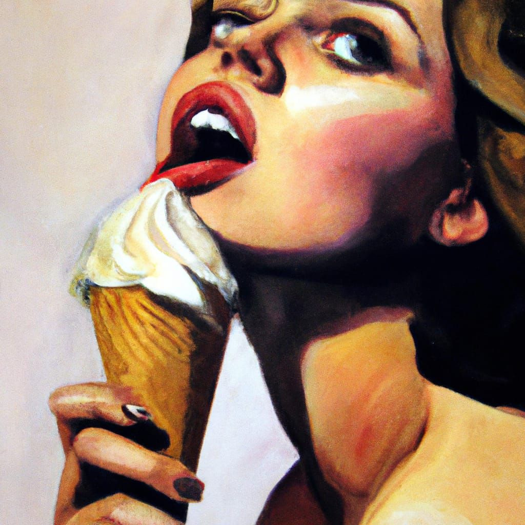 Gorgeous Woman Licking Ice Cream Cone in Realistic Style