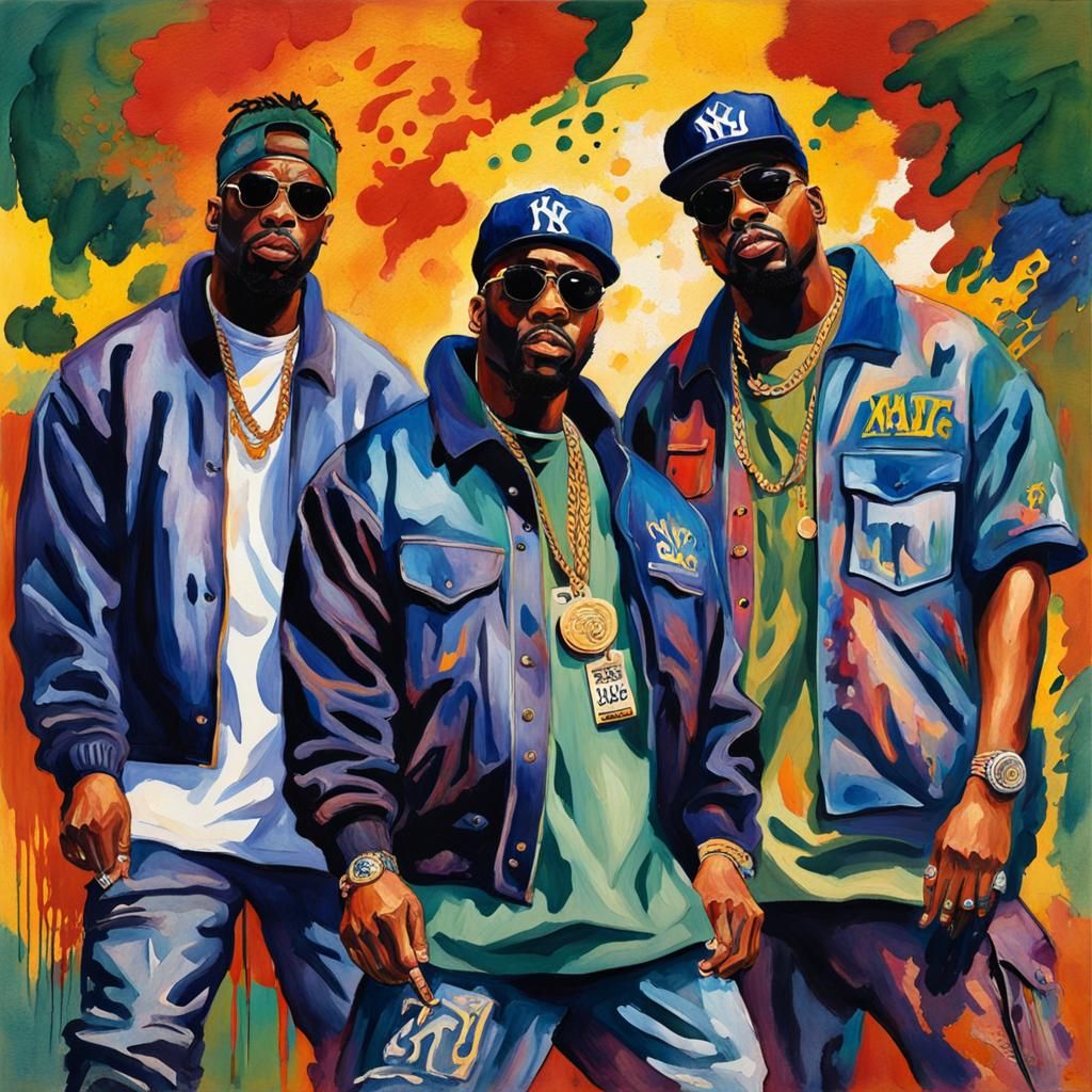 90s Rap Group Album Cover in Gouache Style