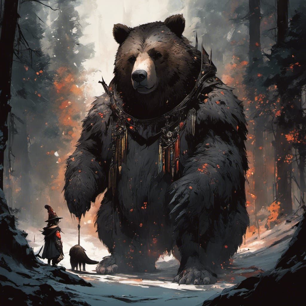 Chibi Witch and Armored Grizzly Bear Digital Art