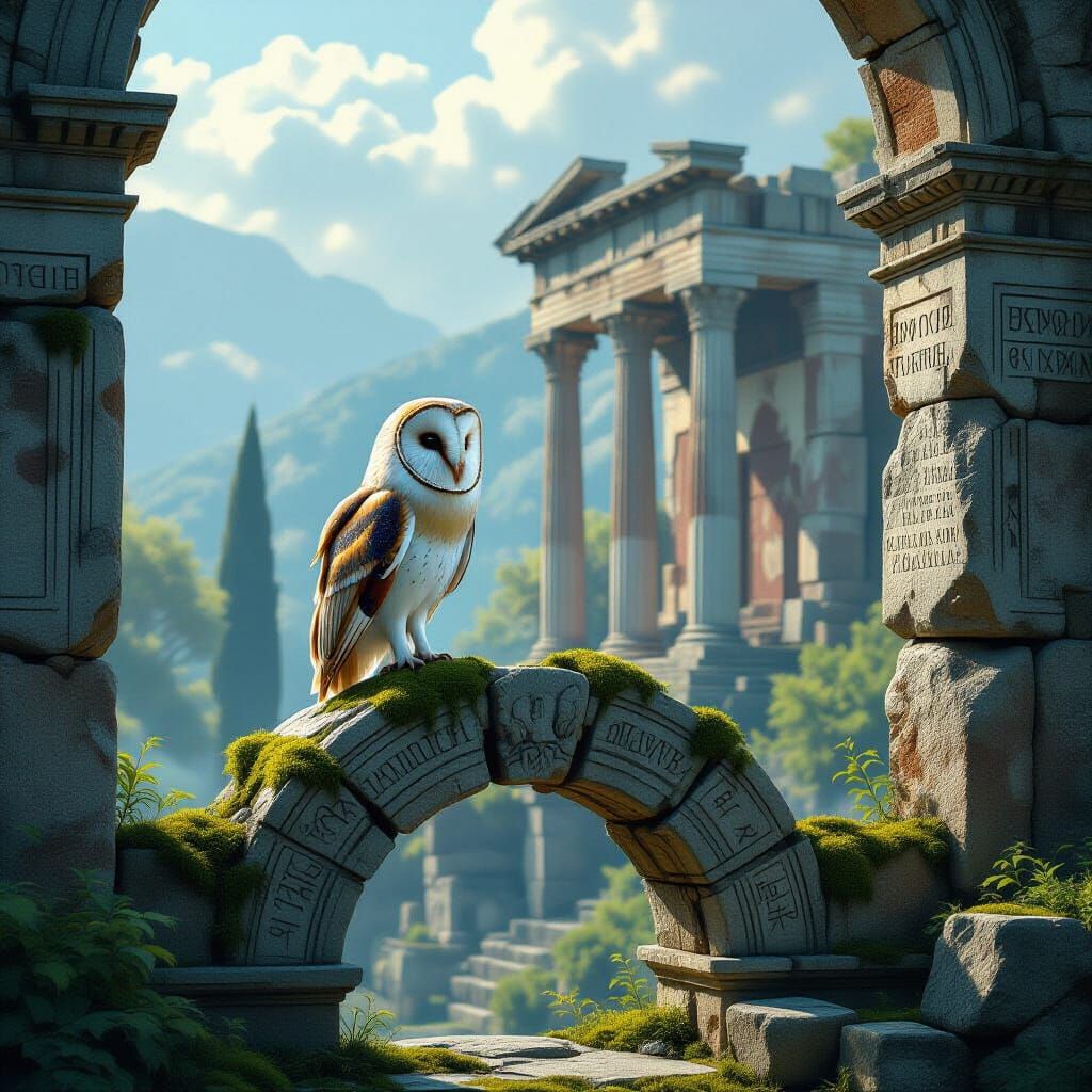 Majestic Owl Over Greek Ruins Digital Matte Painting