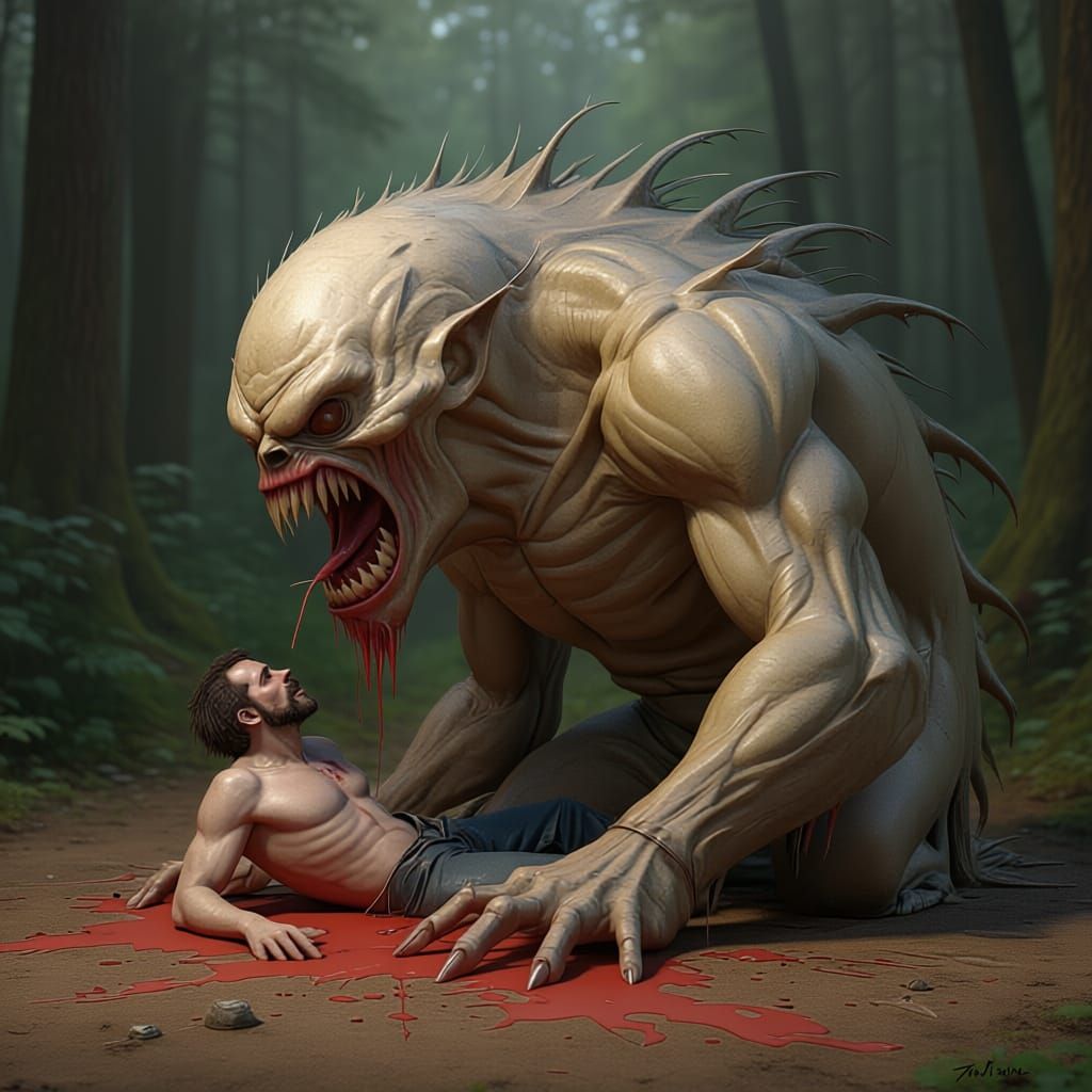 Giant Hairy Monster Devours Man in Giger and Steadman Style