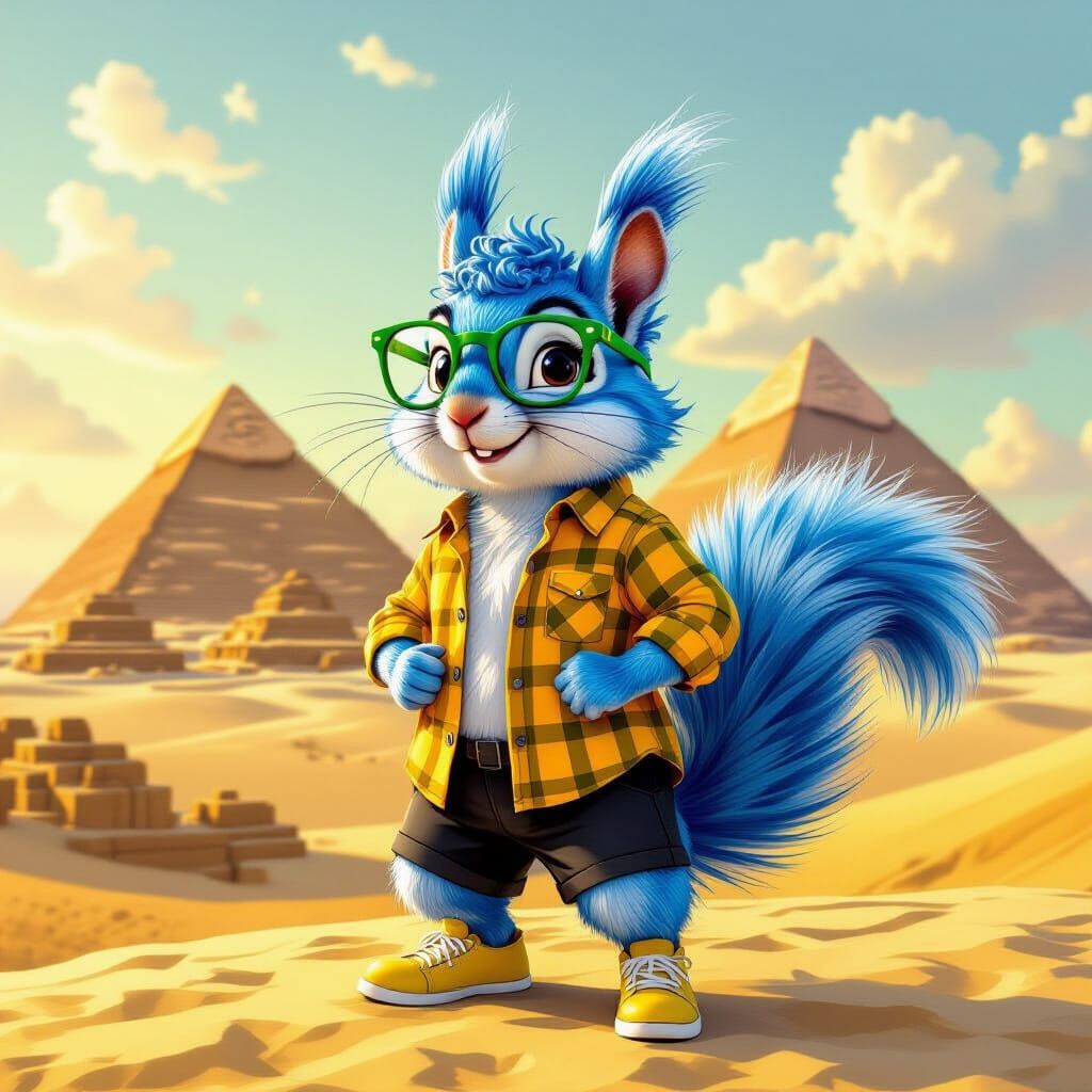 Blue Squirrel in Yellow Flannel at Egyptian Pyramids