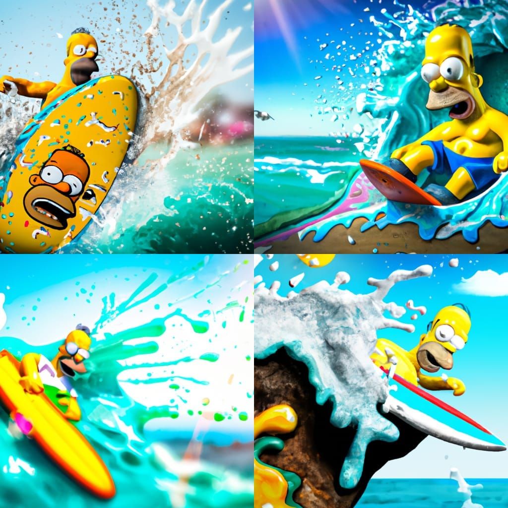 Homer Simpson Surfing: Hyperrealistic Splash Art