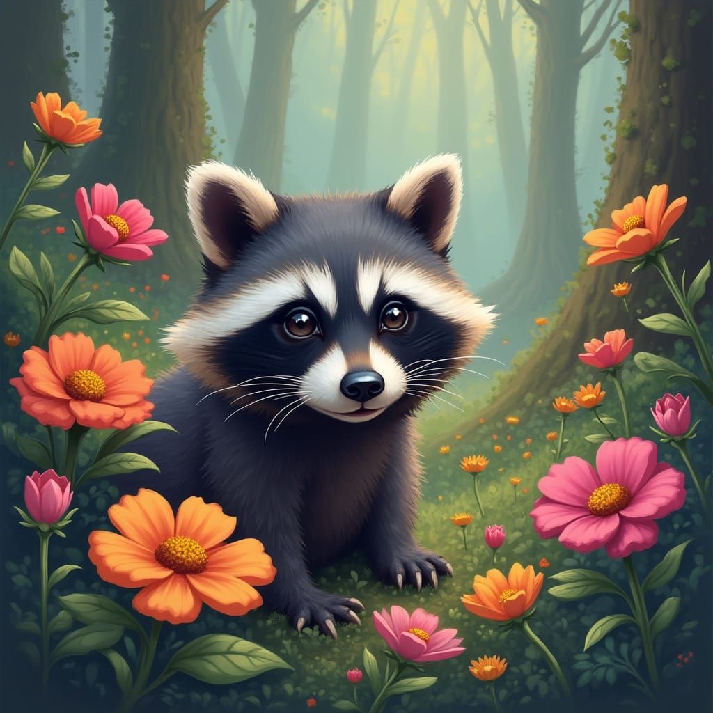 Raccoon Peeking Through Flowers in Whimsical Forest