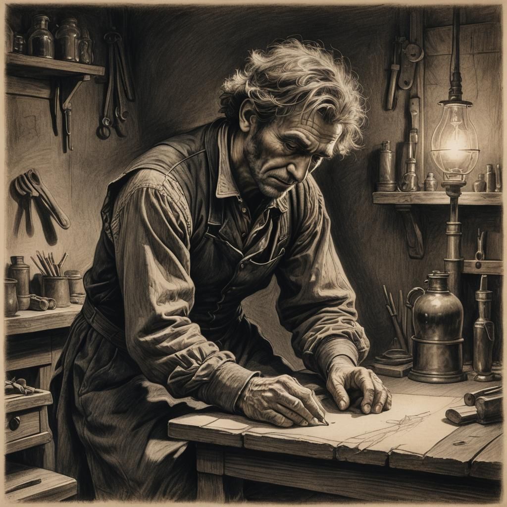 Craftsman at Work: Charcoal Drawing in Rembrandt Style