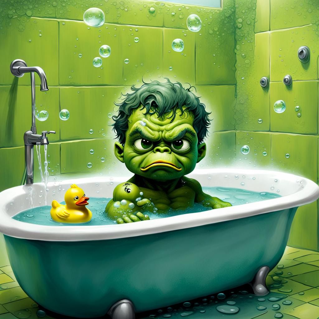 Pouting Baby Hulk in Bathtub: Dark Surrealism