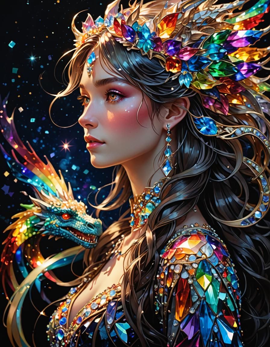 Luminescent Rainbow Crystal Dragon Girl in Art Nouveau Style
