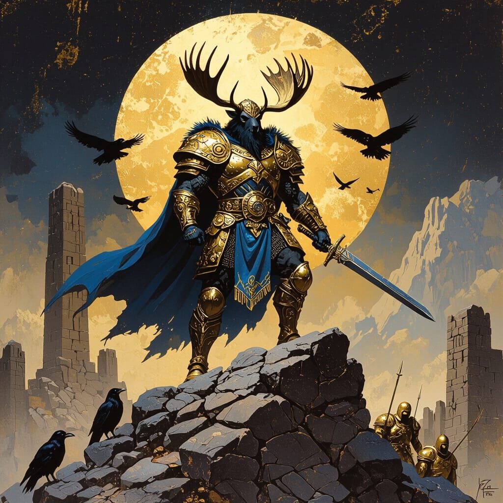 Moose Viking Warrior on Alien Mountain in Dark Fantasy Style