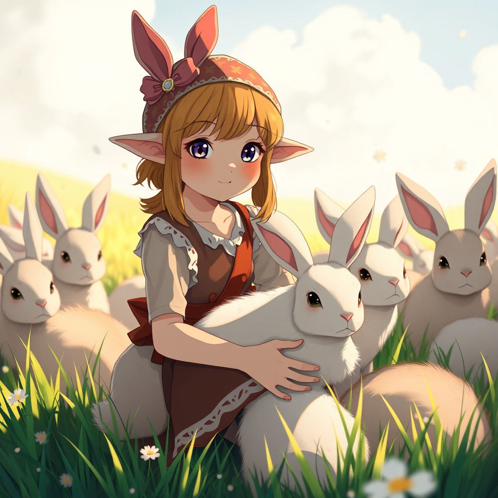 Cute Elf Shepherdess Herding Bunnies, Studio Ghibli Style