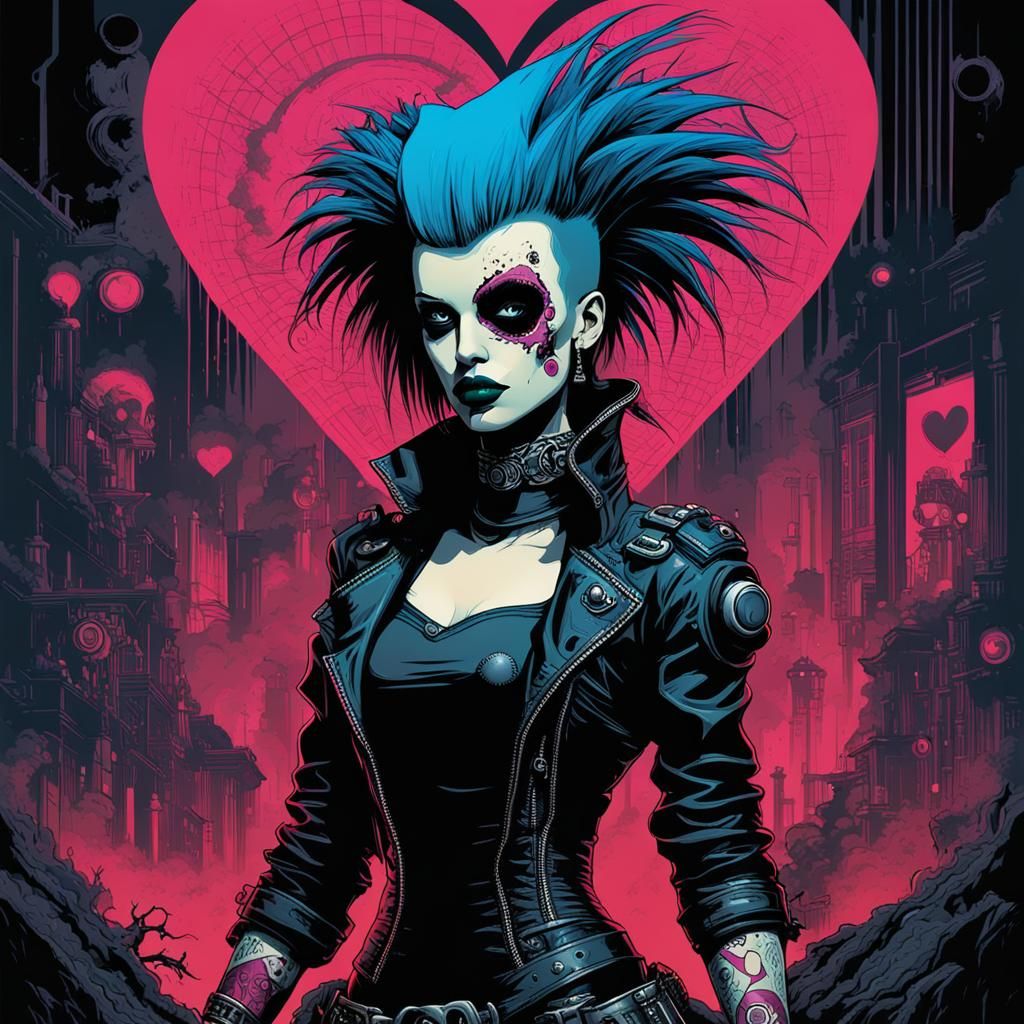 Biomechanical Punk Girl Heart in Comic Style
