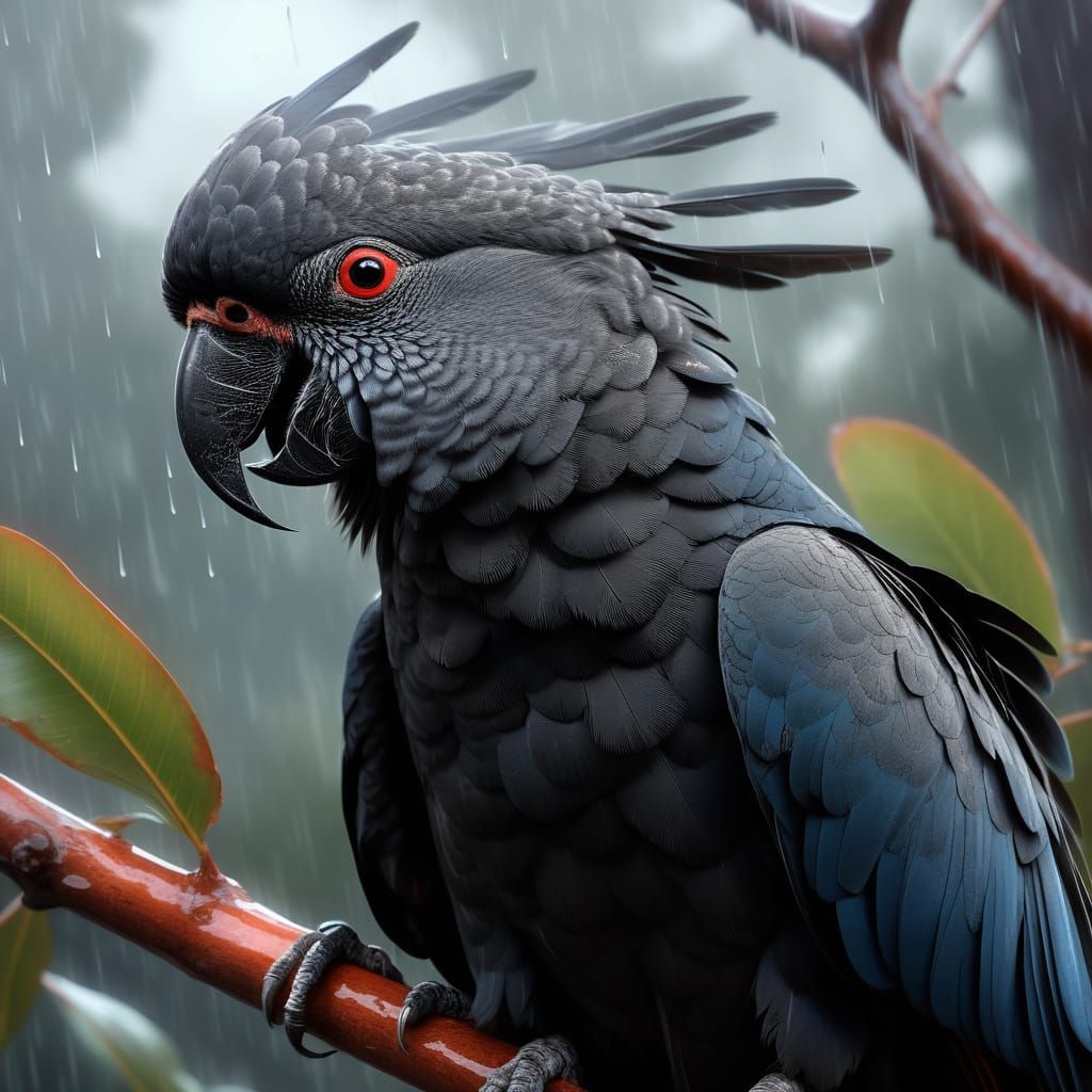 Surreal Black Cockatoo in Stormy Gum Tree Scene, Inspired by...