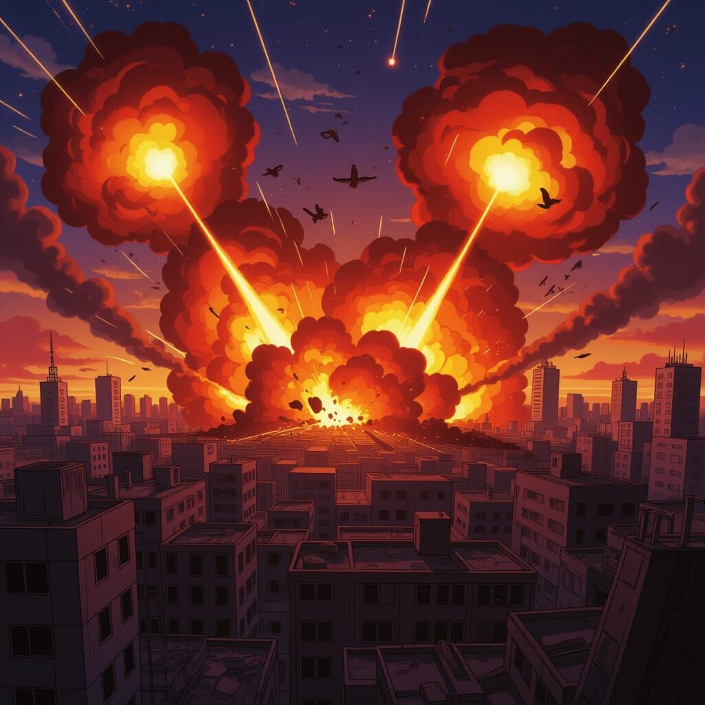 Anime City Under Fire: Explosions Light Night Sky