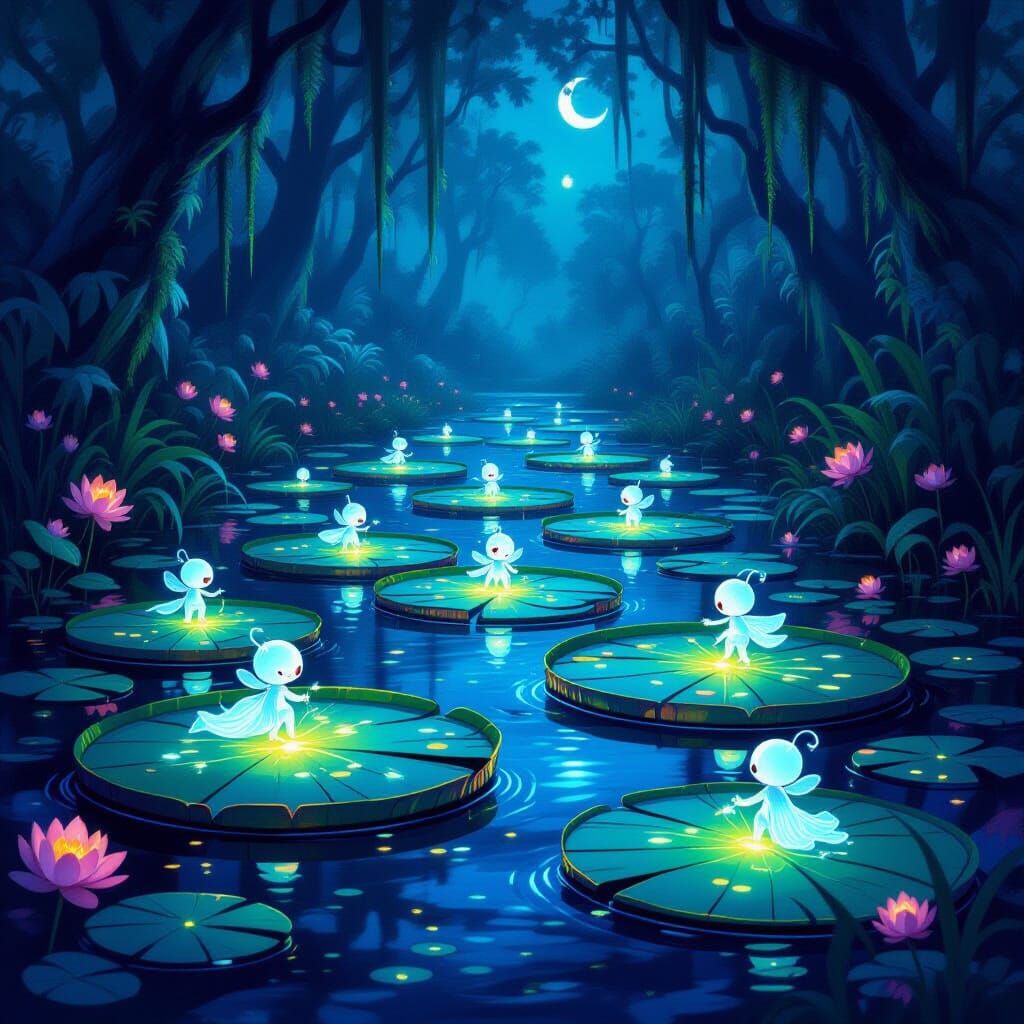 Glowing Swamp Sprites Painting Lily Pads in Magical Night