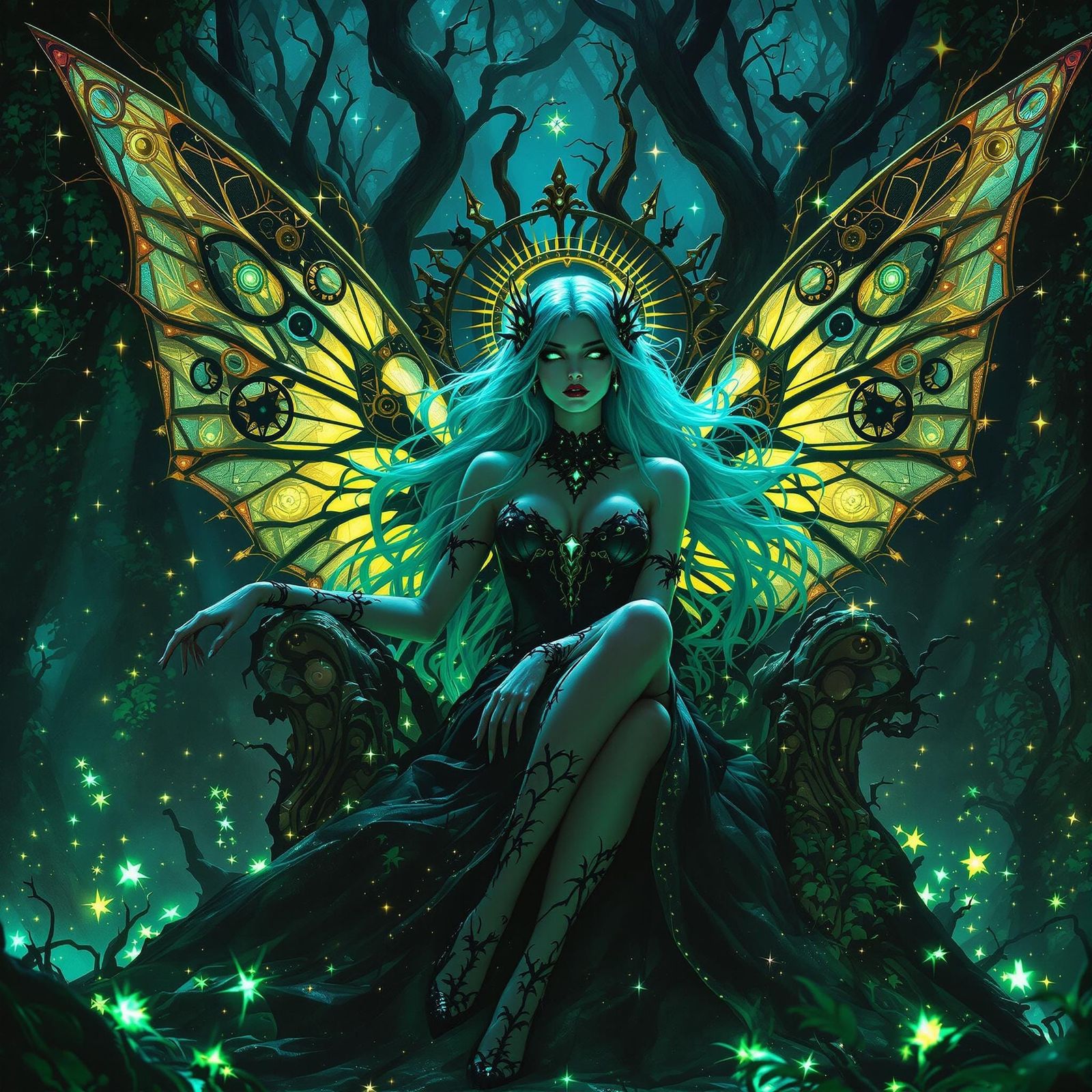 Gothic Fairy Queen in Bioluminescent Forest