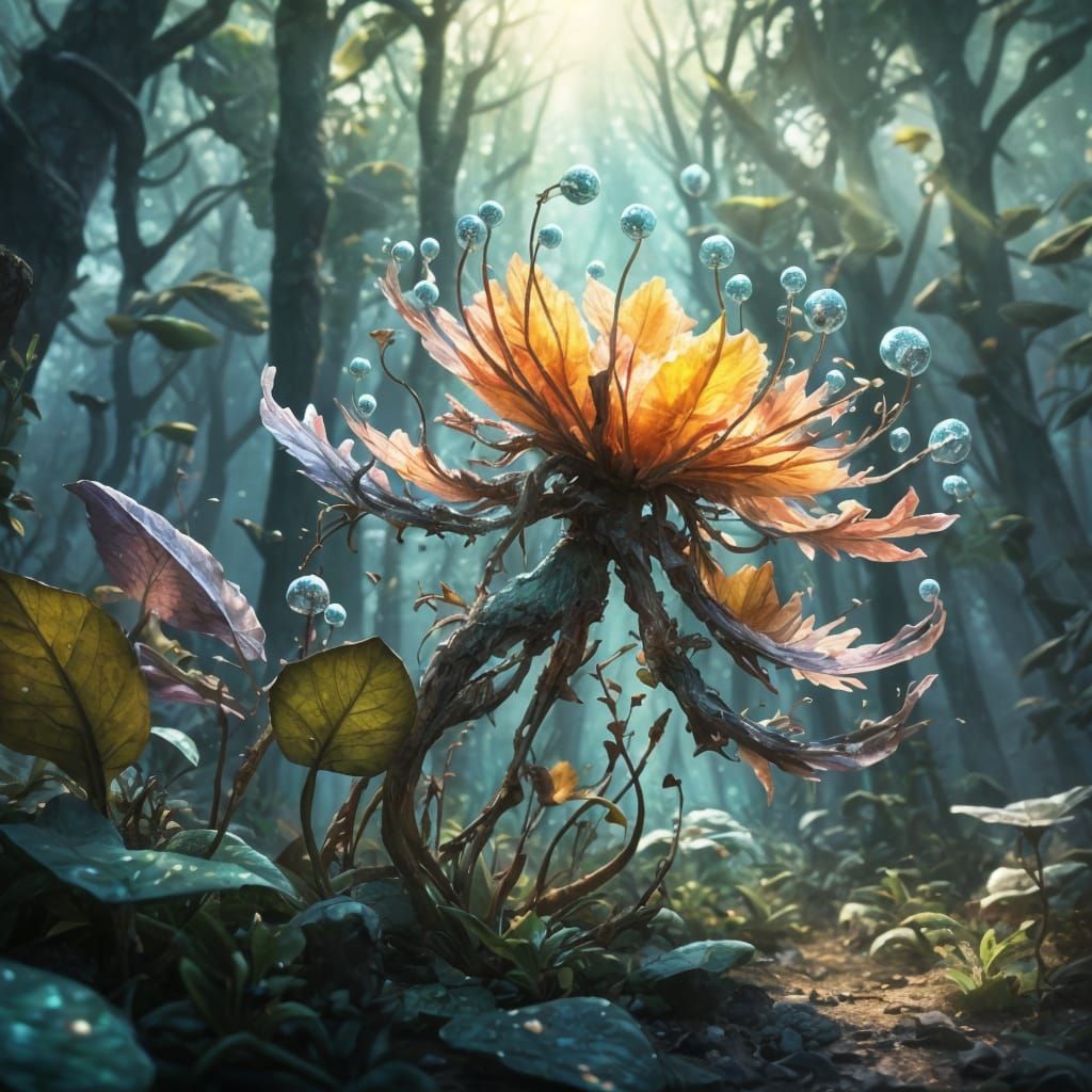 Bioluminescent Fractal Flower in Misty Forest: Digital Paint...