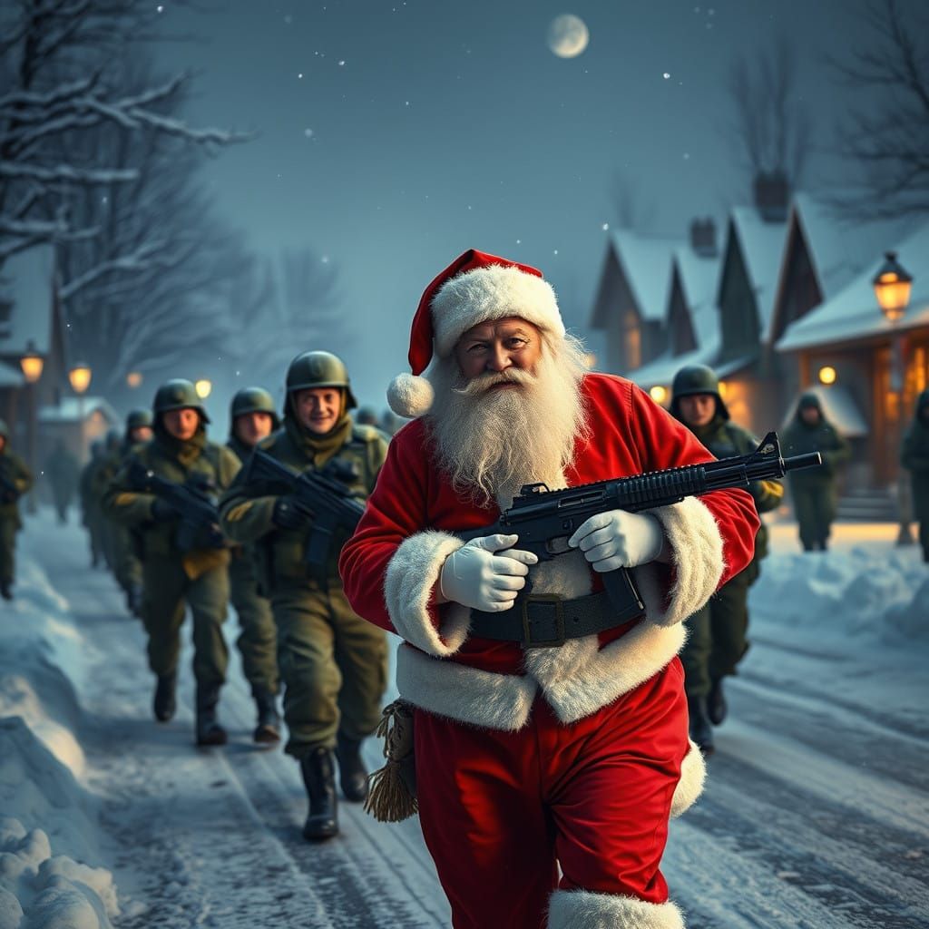 Santa Claus in Cyberpunk Winter Village