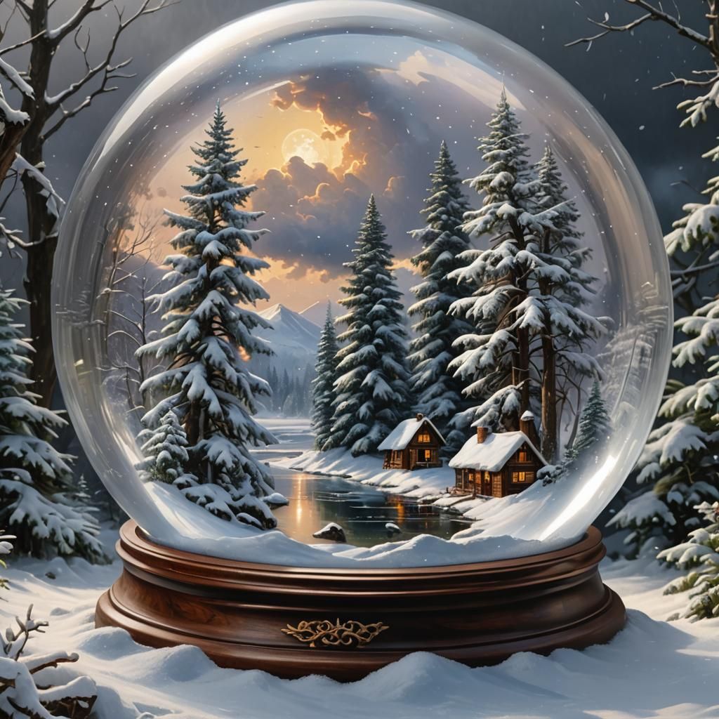 Snowy Landscape Inside Snow Globe, Oil Painting