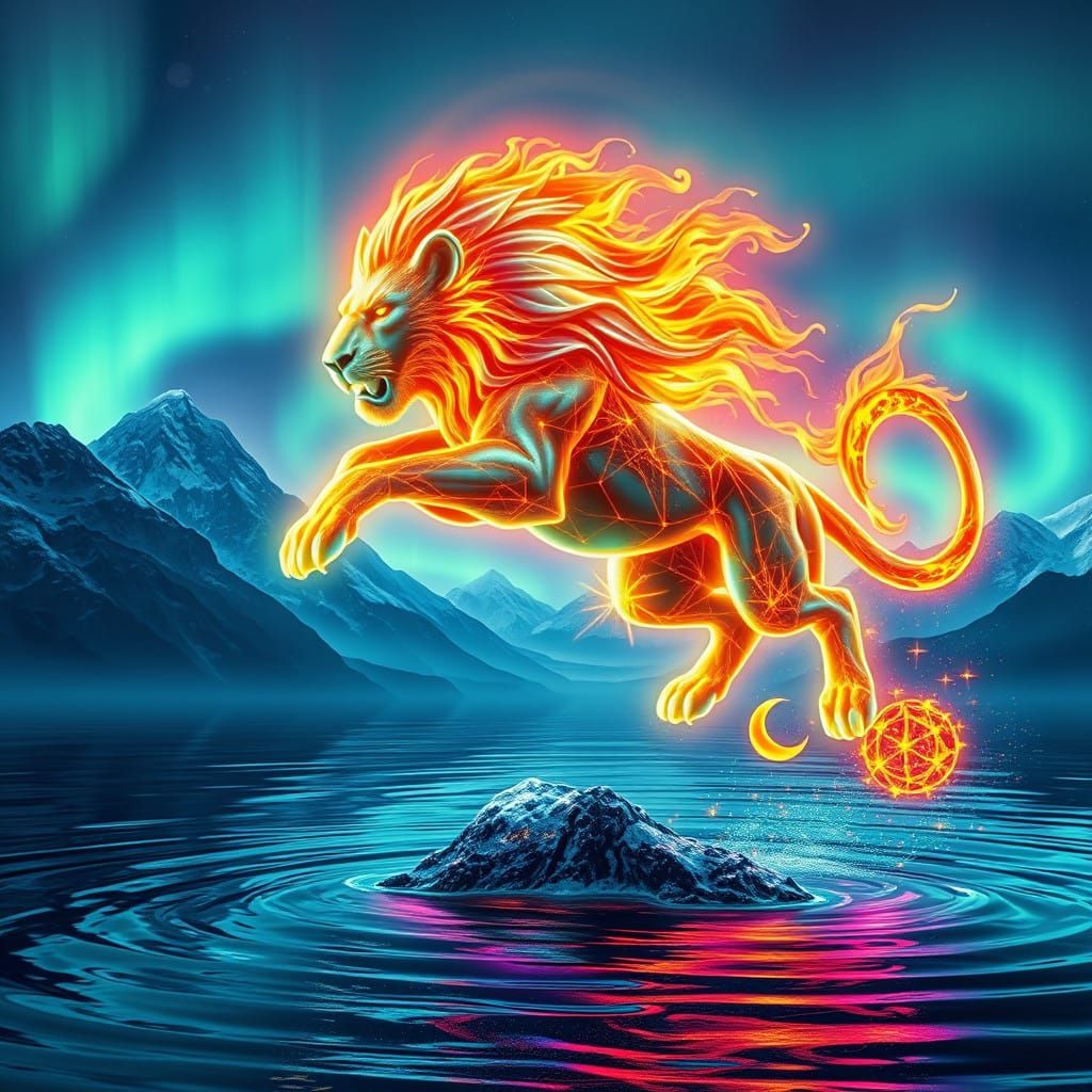 Cyberpunk Lion in Fiery Holographic Aura
