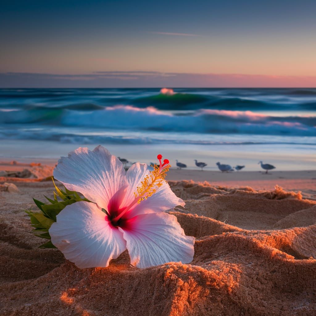 Hibiscus on the Beach at Sunset