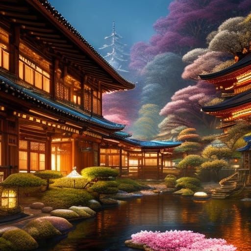 Biopunk Japanese Onsen Village at Night