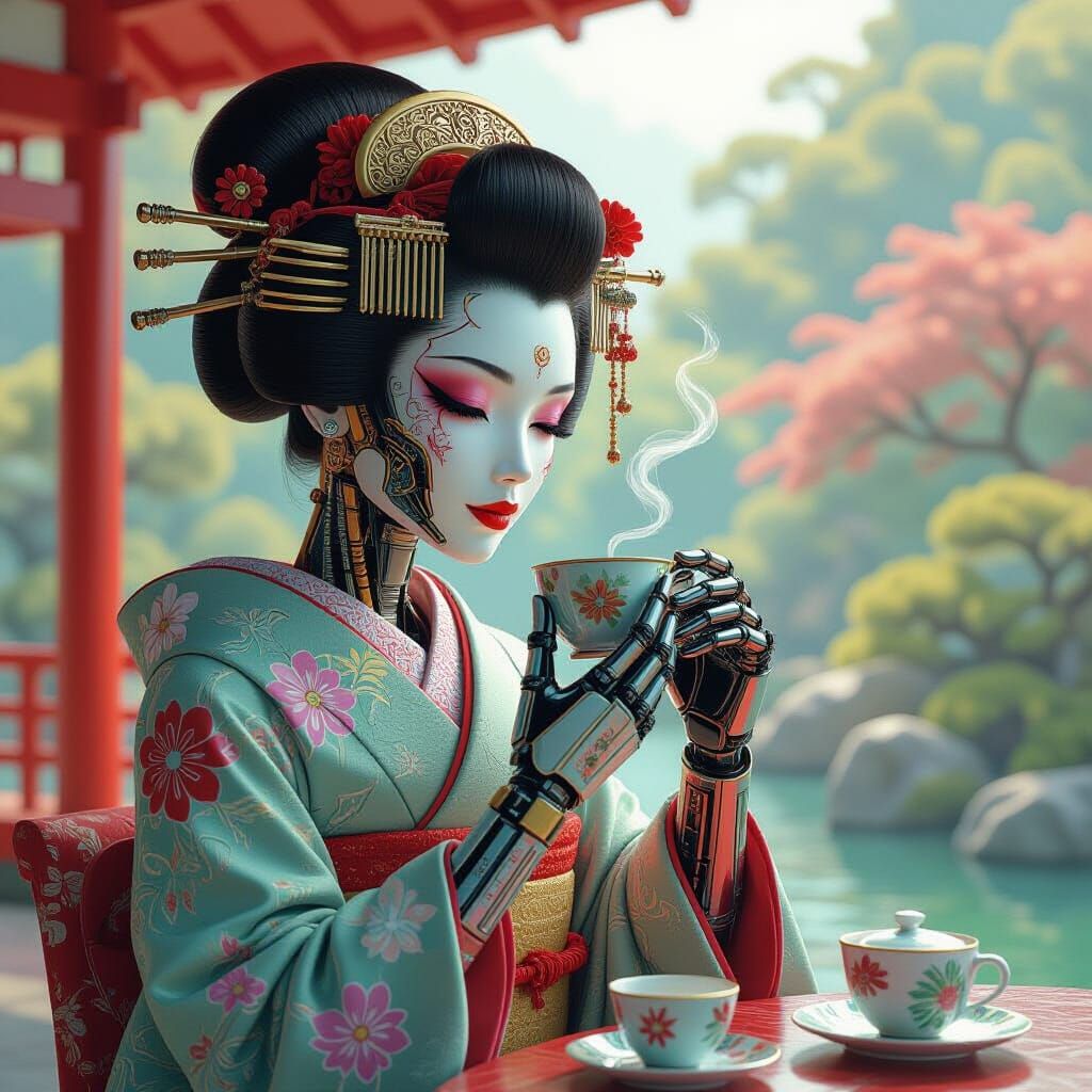 Cyborg Geisha in Tranquil Garden: Surreal Digital Art