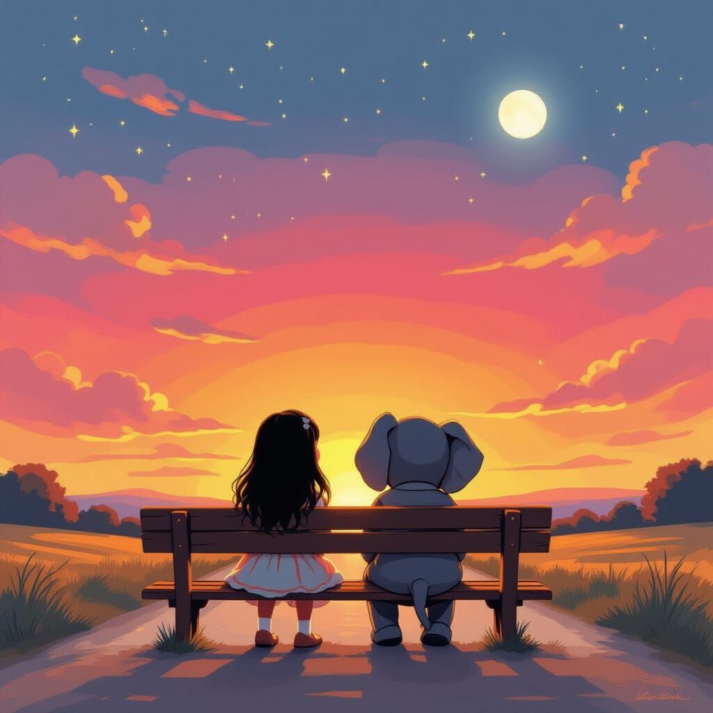 Girl and Elephant Watch Vivid Sunset in Painterly Style