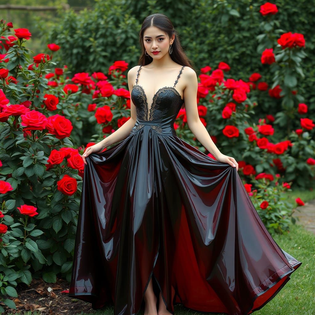 Woman in Latex Dress Holding Skirt