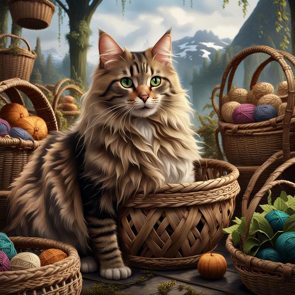 Blonde Tabby Cat Amidst Woven Baskets