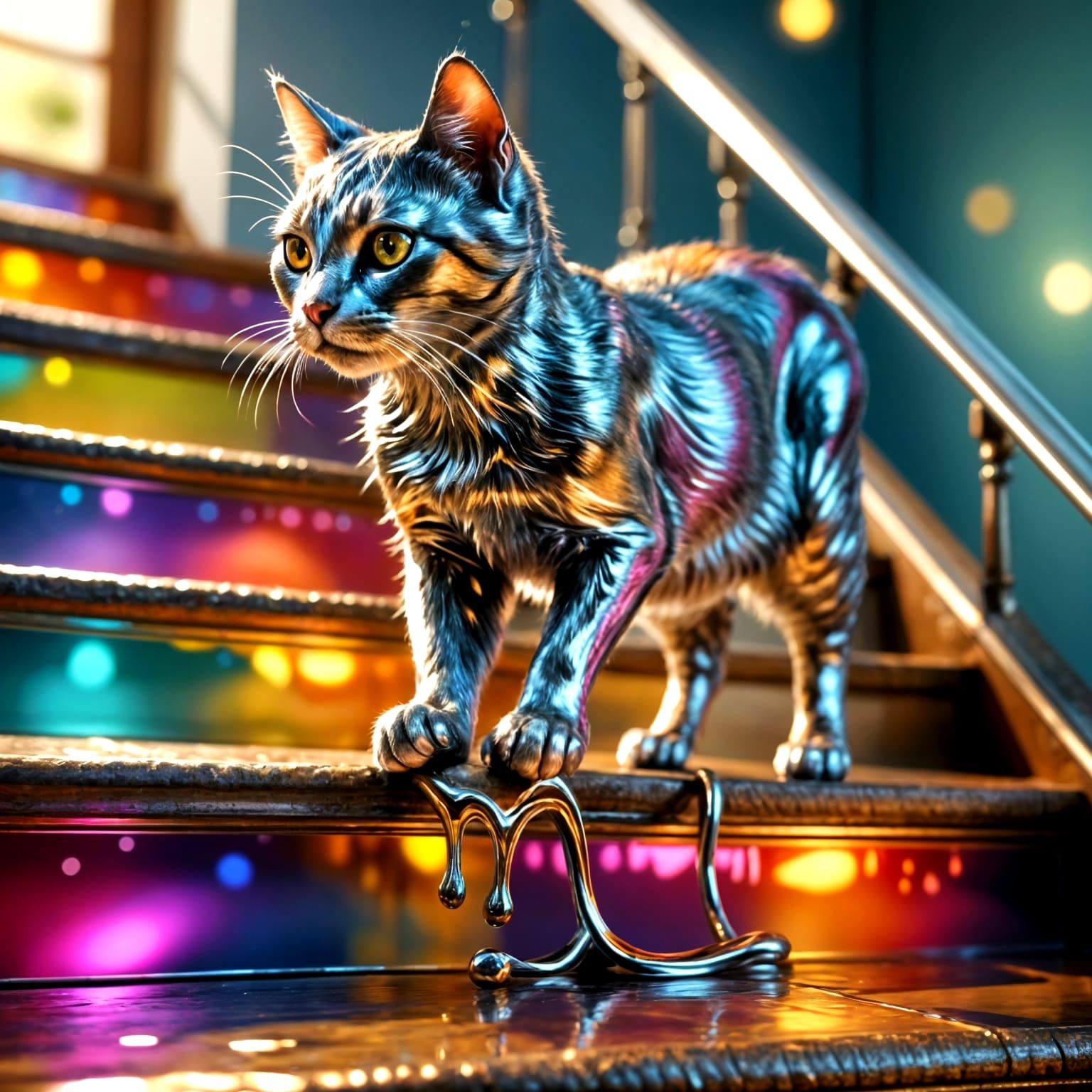 Chrome Cat Descends a Stair in Hyperrealistic Surreal Art