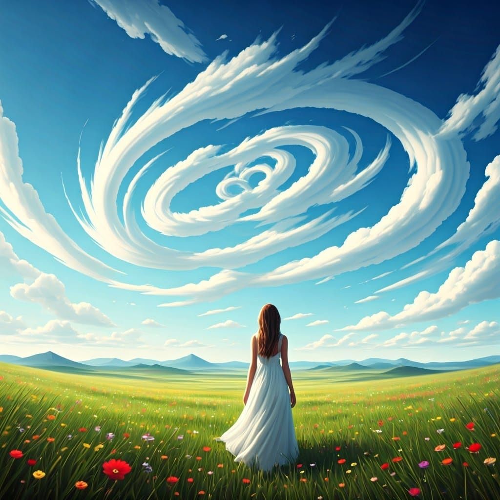 A surreal spring sunny landscape featuring clouds like infin...