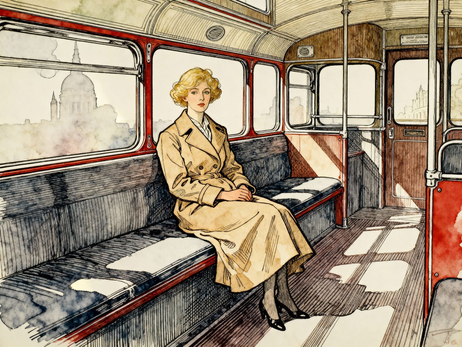 Woman on London Bus Top Deck in Earth Tones