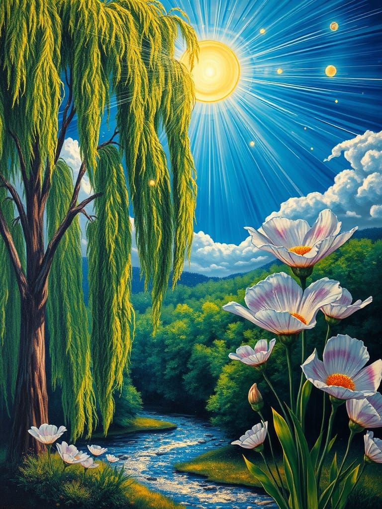 Ethereal Weeping Willow in Whimsical Fairy Kingdom