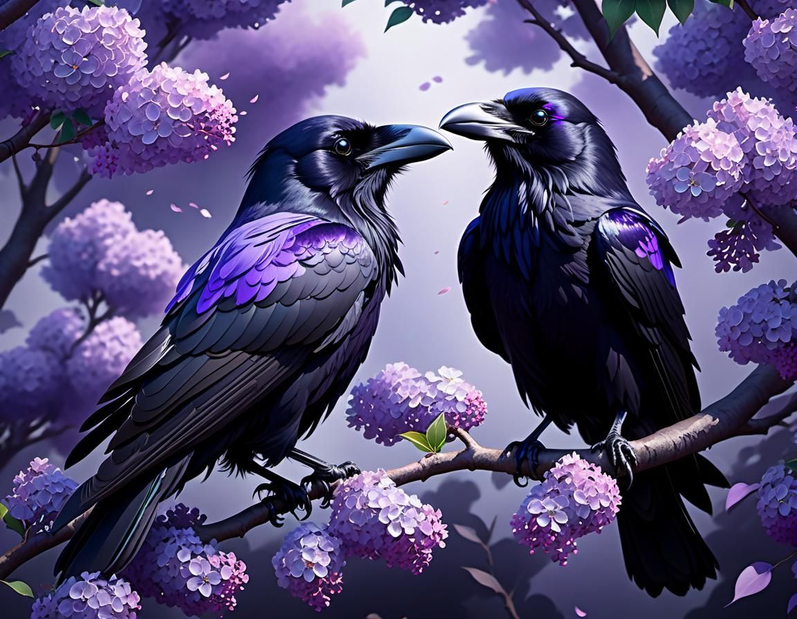 Ravens in Lilac Tree: Moody Watercolour Anime Art