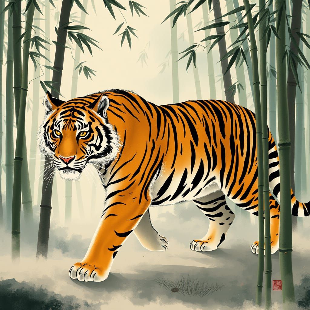A majestic tiger, rendered in the style of traditional scrol...