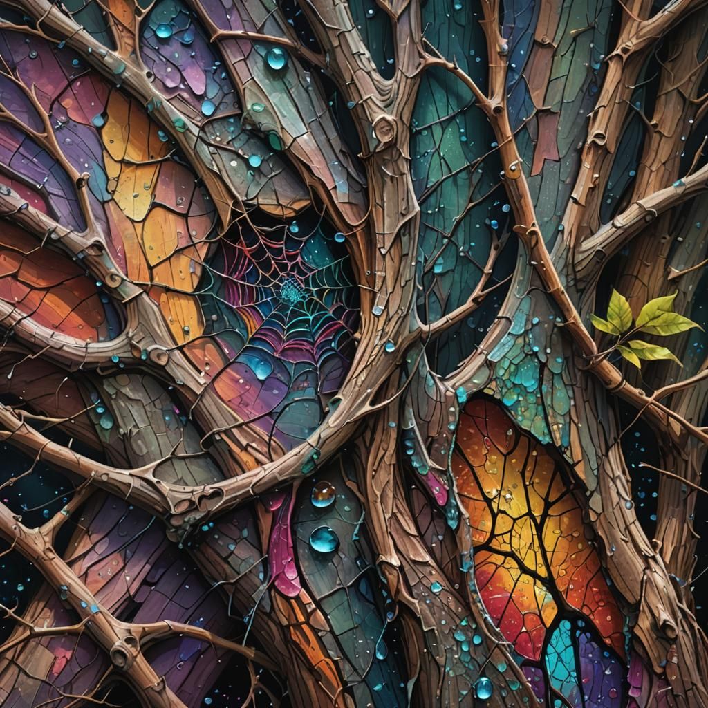 Mystical Web-Wrapped Tree Trunk in Hyperrealistic Style
