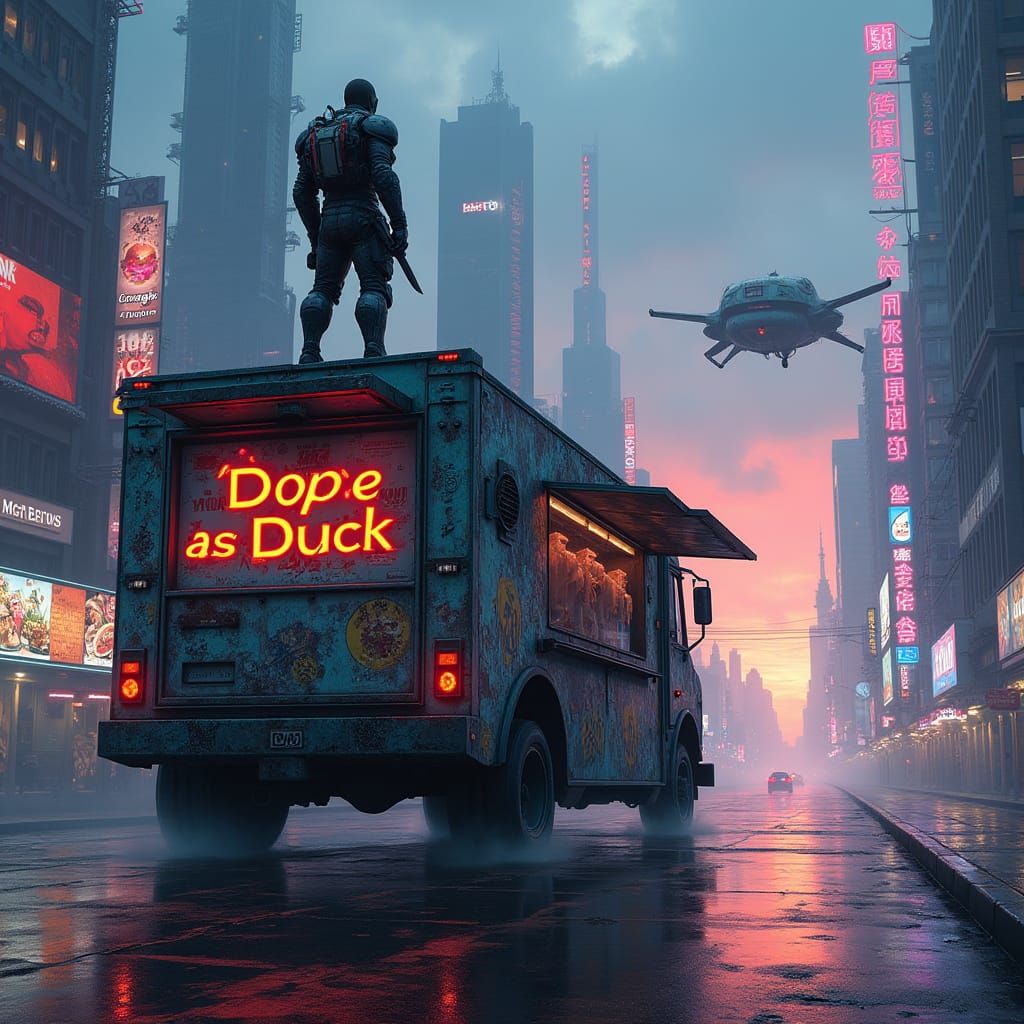 Cyberpunk Chef Warrior Surveys the Dystopian City from atop ...