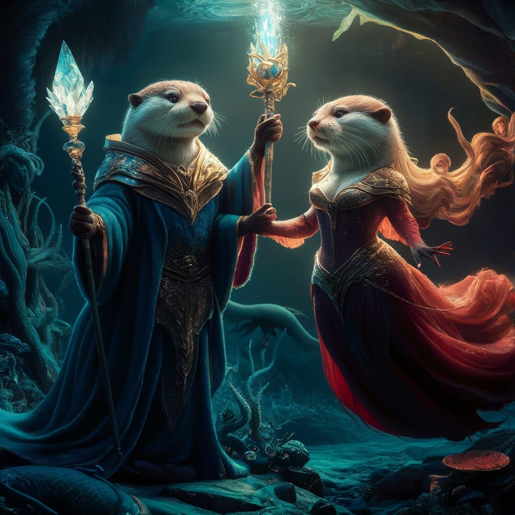 Anthropomorphic Otter Wizard and Sorceress Underwater